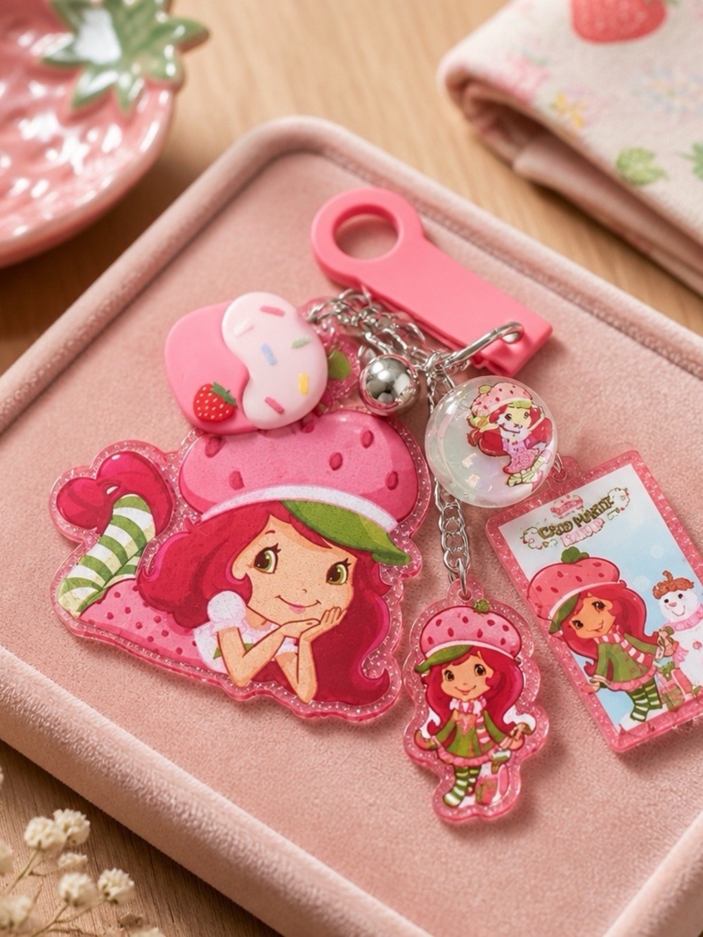 Pink Strawberry Character Kids Hair Bow with Matching Charms